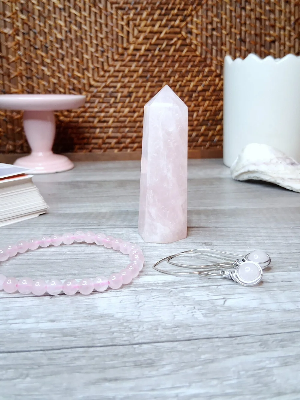 Rose Quartz Tower Bracelet & Drop Earrings Gift Set, 3 Piece Crystal Bundle